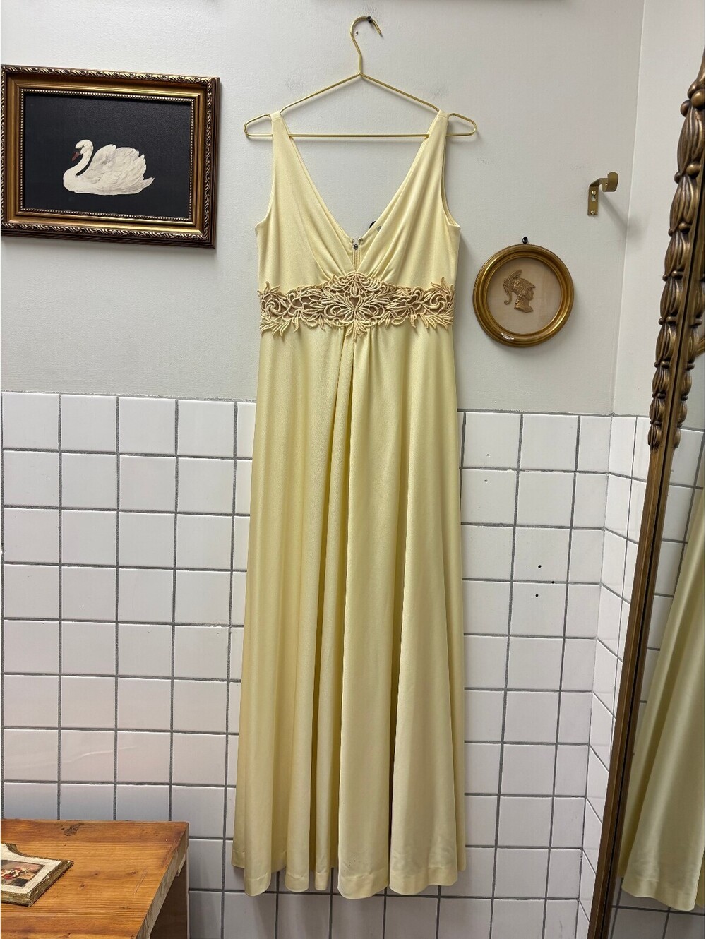 1970s Butter Yellow Maxi Gown Dress with Embroidered Waist Detail Size 12